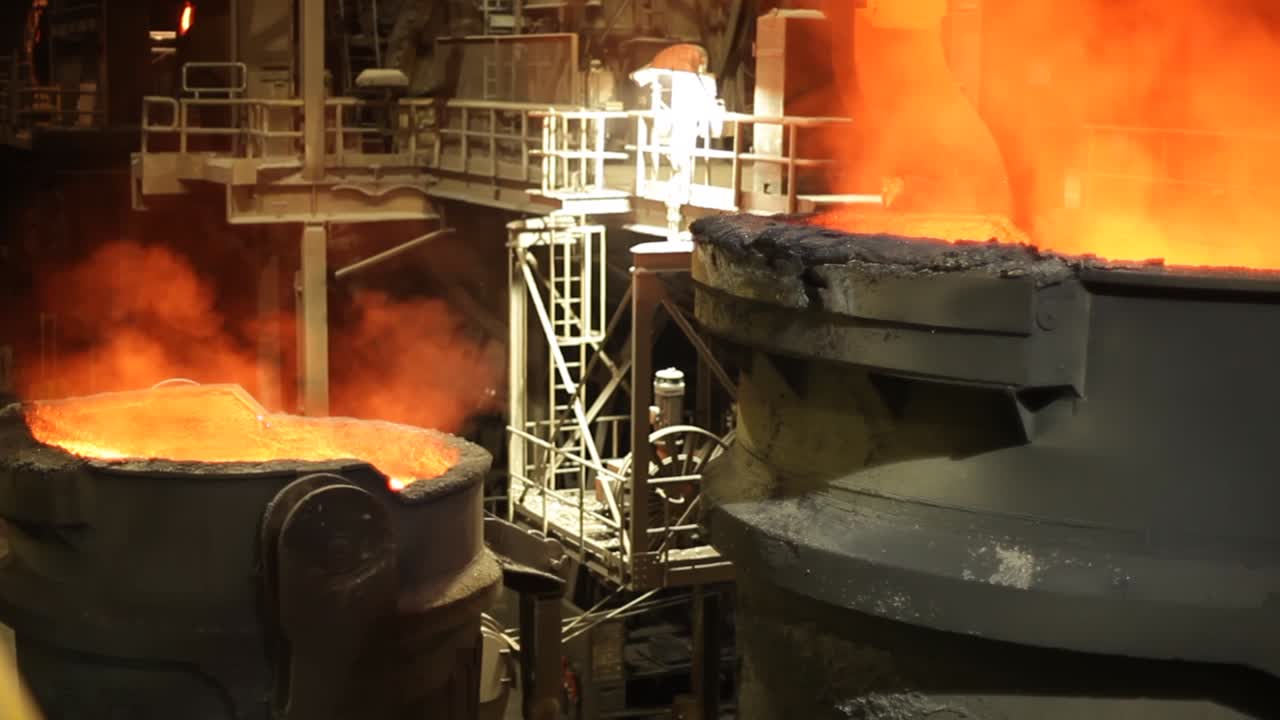 Molten metal being poured in foundry, intense orange glow, industrial setting, heat and smelting process, night shot