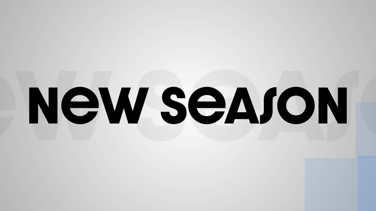 animación de texto negro nueva temporada, con cuadrados azules que se mueven sobre fondo gris