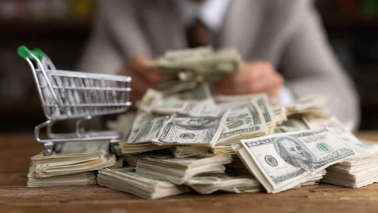 A Wealth Perspective: Examining Cash Stacks and Shopping Cart Symbolizing Financial Transactions and Economic Choices in Today's Consumer Landscape