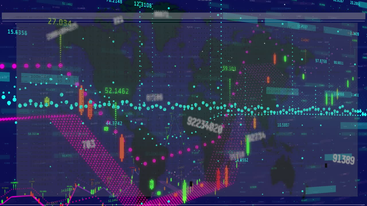 여러 번 변하는 숫자의 애니메이션과 세계 지도에 대한 금융 데이터 처리