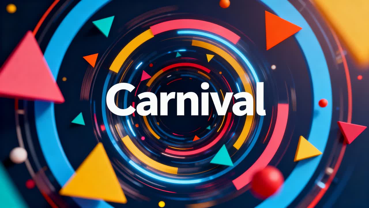 Đường hầm xoay bắt đầu hé lộ xung quanh logo chữ Carnival màu trắng trong studio 3D, với các hình nêm trôi nổi.
