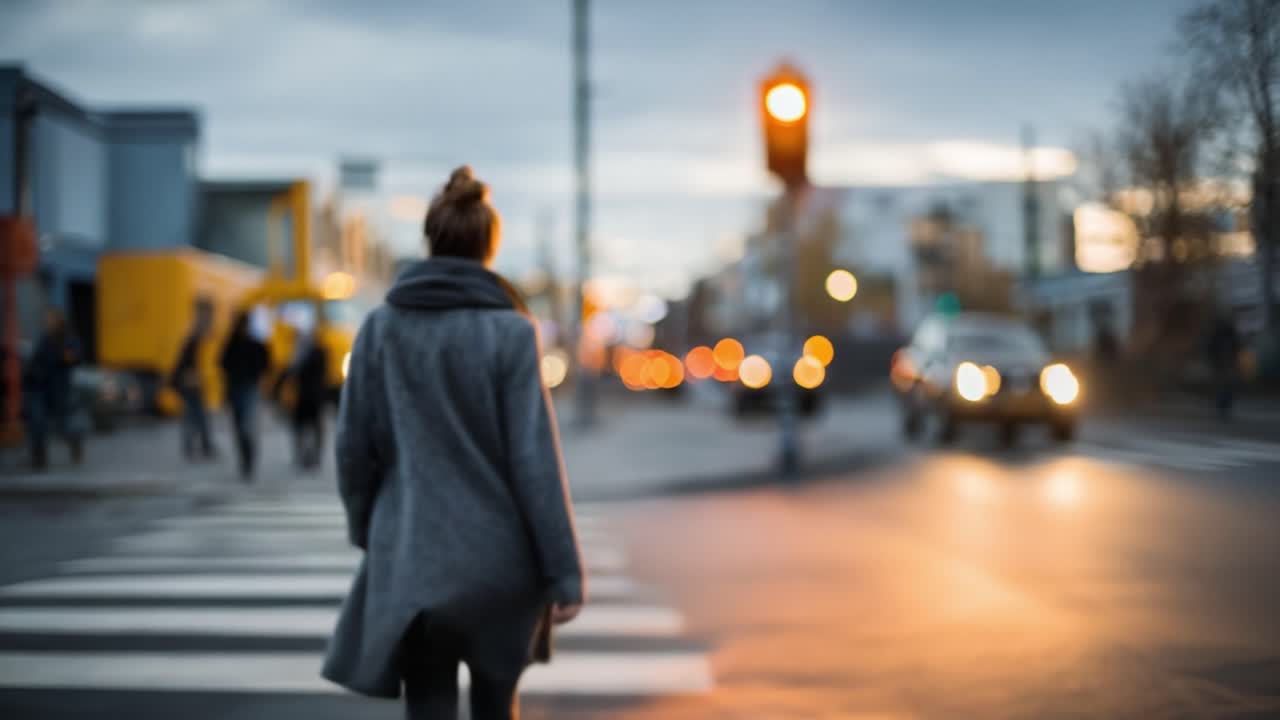 A modern urban scene focusing on a pedestrian walking at a crosswalk, with blurred traffic lights and cars in the background during a cloudy evening