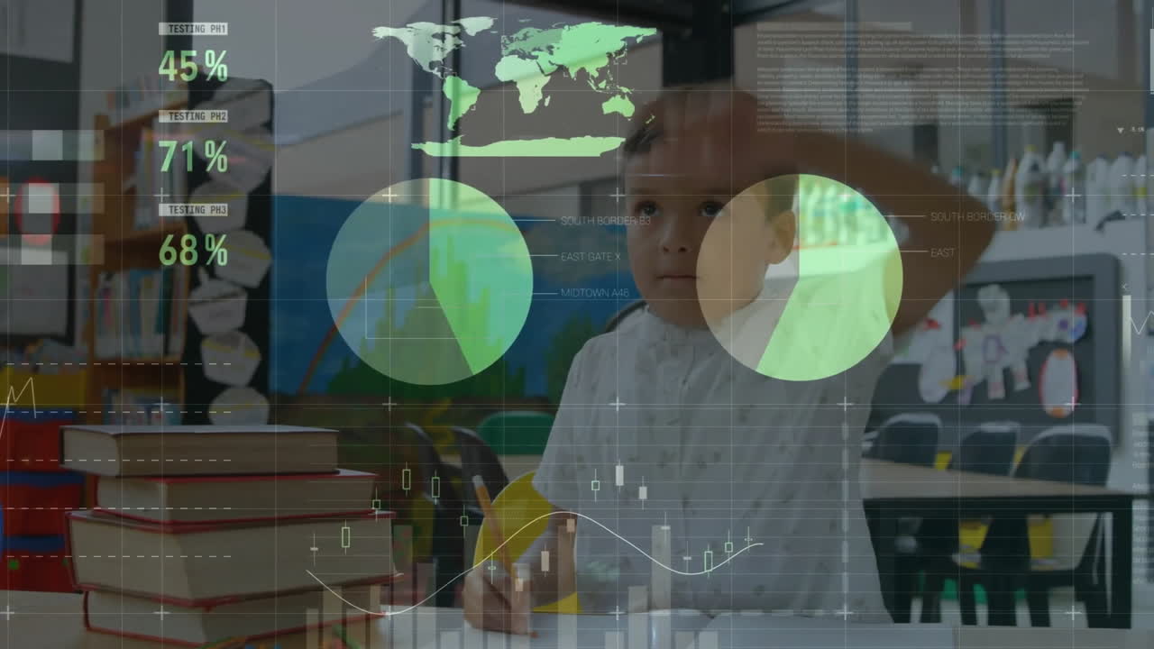 animación de la interfaz infográfica sobre un niño caucásico levantando la mano para hacer una pregunta al maestro