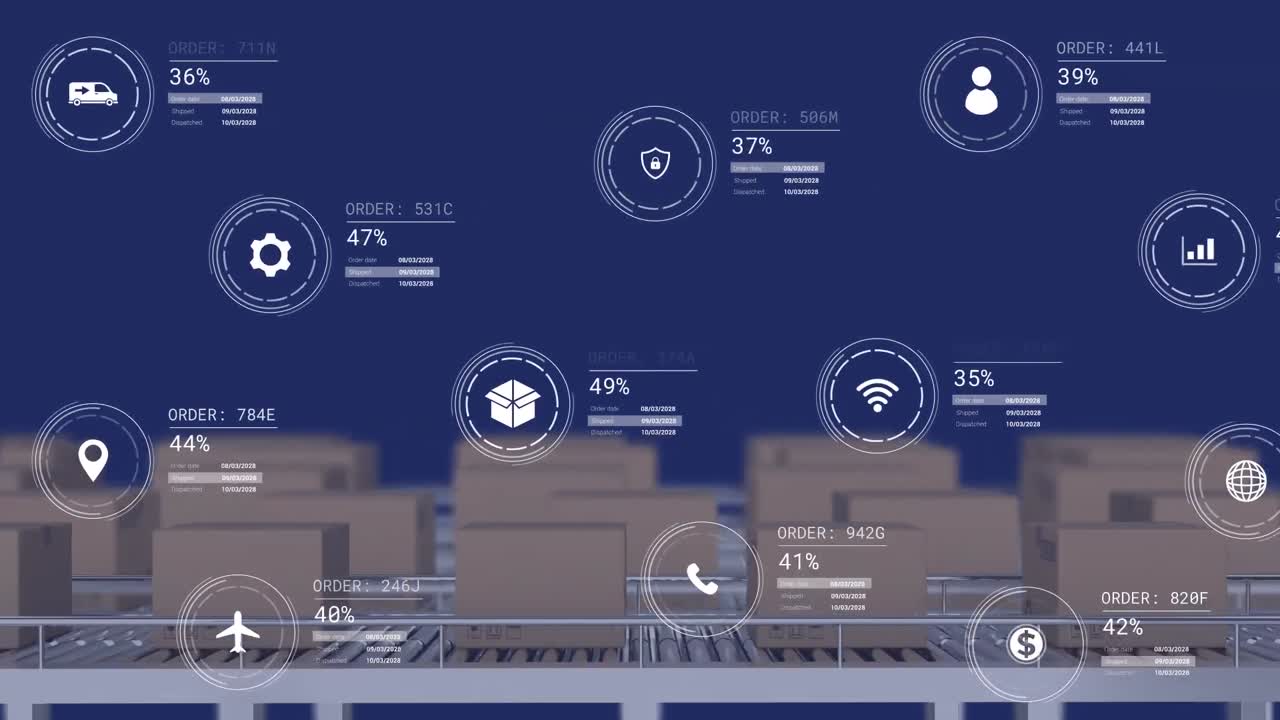 Animation of icons with data processing over boxes on conveyor belt on blue background