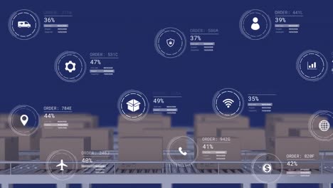 Animation-of-icons-with-data-processing-over-boxes-on-conveyor-belt-on-blue-background