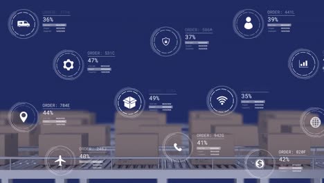 Animation of icons with data processing over boxes on conveyor belt on blue background