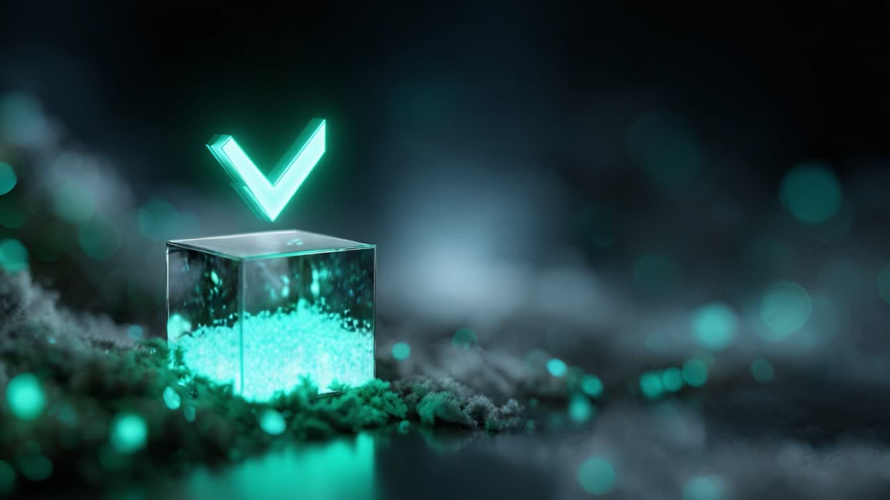 A glowing cube with a luminous check mark floating above it, surrounded by sparkling particles and soft focus lighting, creating a mesmerizing digital atmosphere