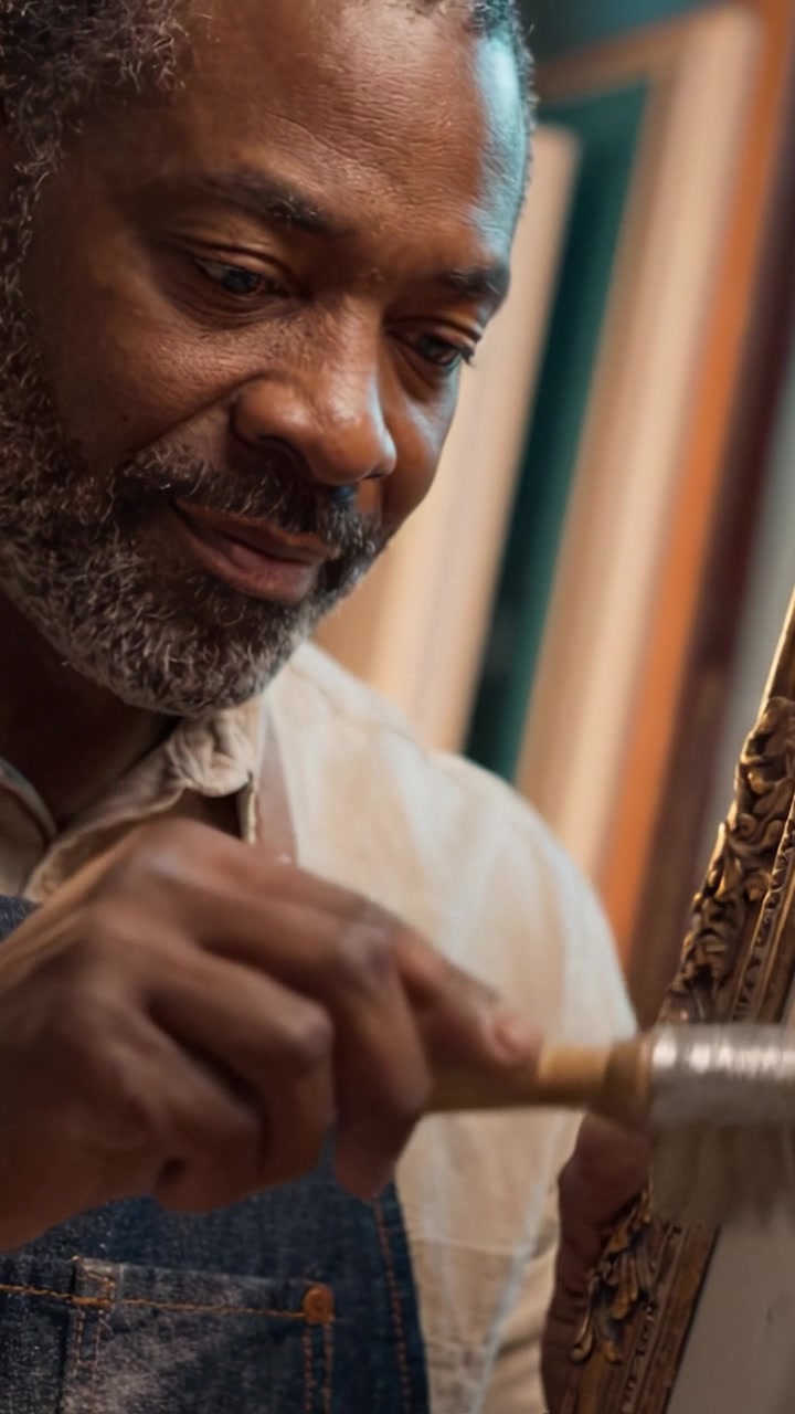 Artisan Carefully Finishing a Frame with Focus and Precision, Showcasing Mastery in Craftsmanship and Attention to Detail in the Creative Process and Artwork.