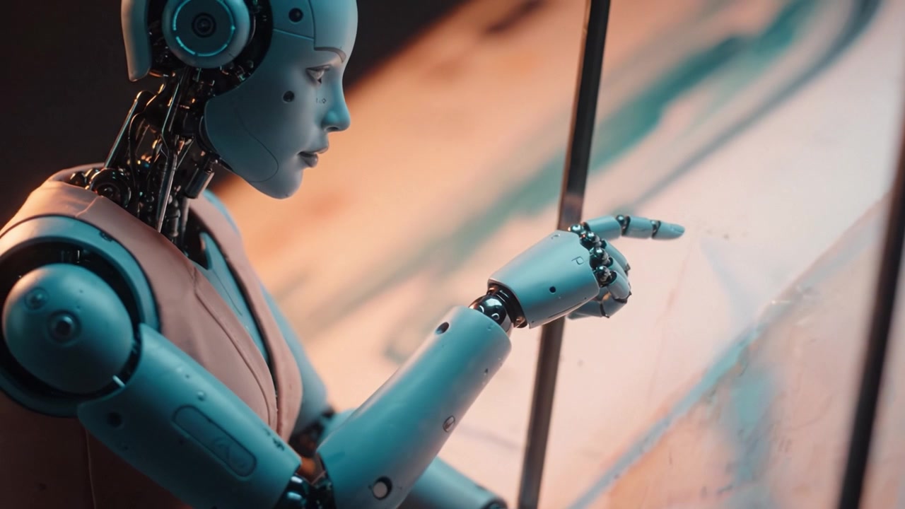 A Thoughtful Robot Contemplates a Transparent Surface, Displaying Advanced Technology and Design in a Semi-Lit Environment, Capturing the Essence of AI Innovation