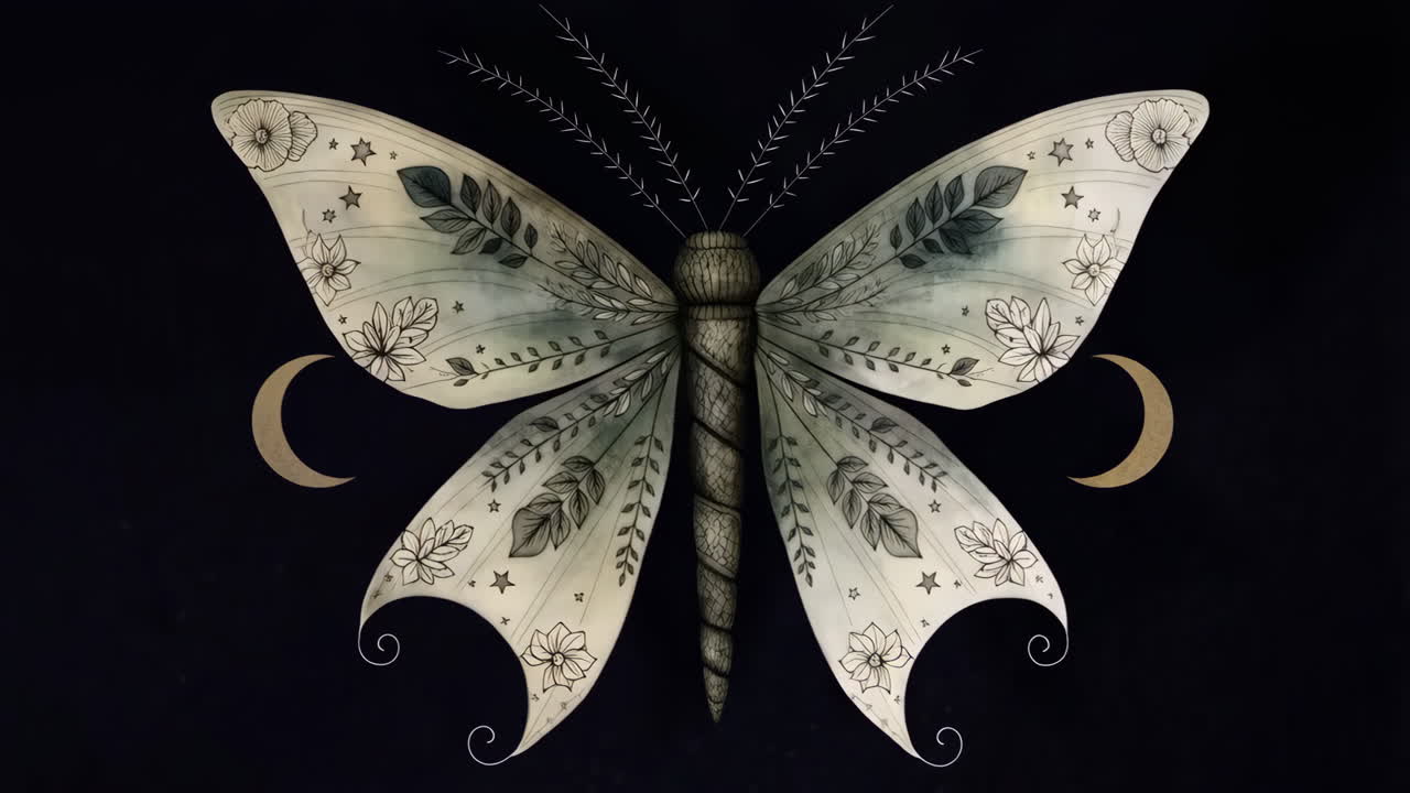 Moth with Floral and Crescent Moon Designs