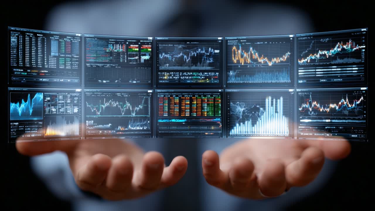 Innovative Visualization of Financial Data with Advanced Analytics Displayed on a Multiple-Screen Setup Held in Hands, Showcasing Real-Time Market Trends and Metrics