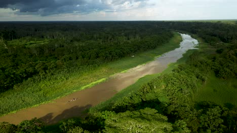 boat traveling the exotic, lush amazon river in peru rainforest - aerial