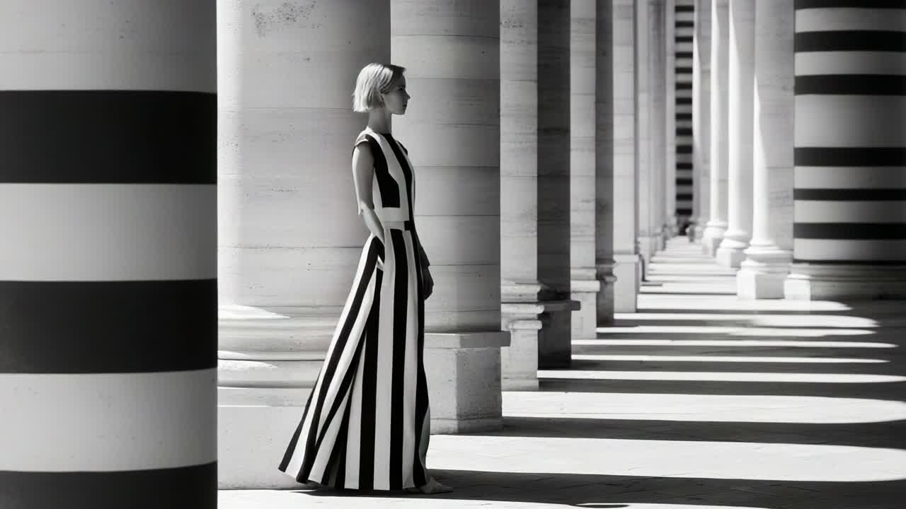 A Fashionable Stroll Through Classic Architecture: A Model in a Striped Dress Creates a Striking Contrast Against the Timeless Columns and Shadows of a Monochrome Passage