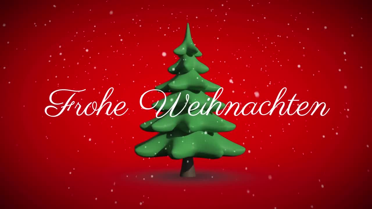 Text „Frohe Weihnachten“ und fallender Schnee vor sich drehendem Weihnachtsbaum-Symbol auf rotem Hintergrund