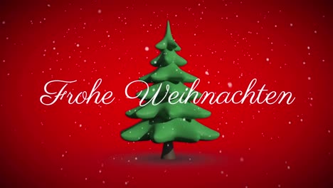 Frohe-Weihnachten-Text-Und-Schnee,-Der-Gegen-Das-Sich-Drehende-Weihnachtsbaum-Symbol-Auf-Rotem-Hintergrund-Fällt
