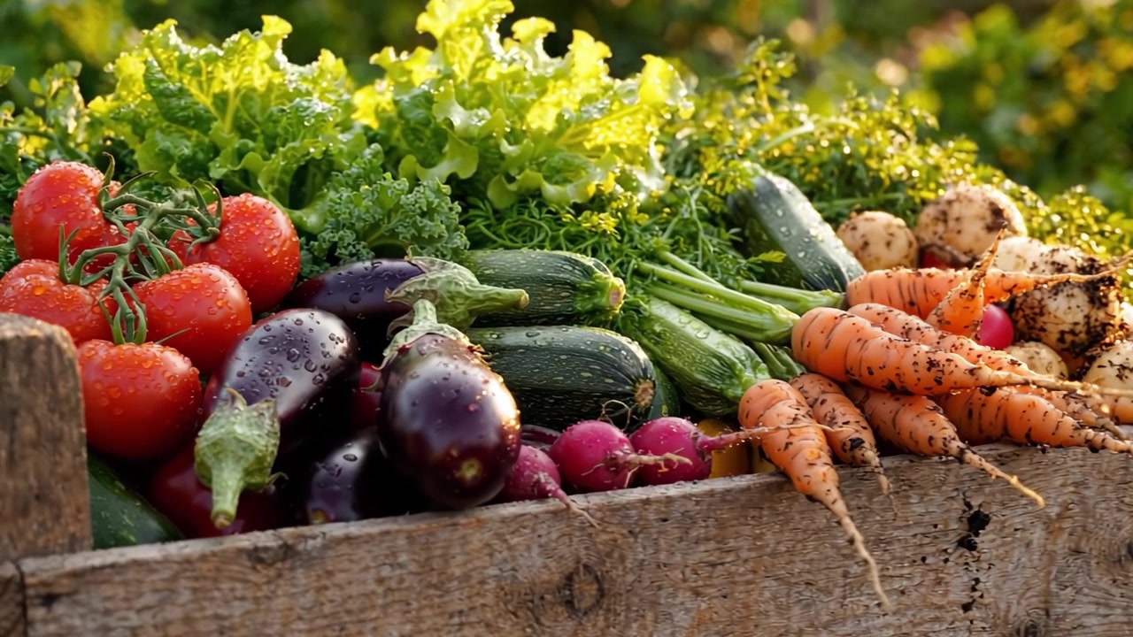Una Cosecha Abundante en Exhibición: Verduras Orgánicas Vibrantes y Hojas Frescas Recogidas de un Jardín Generoso, Mostrando los Colores y Sabores de la Naturaleza