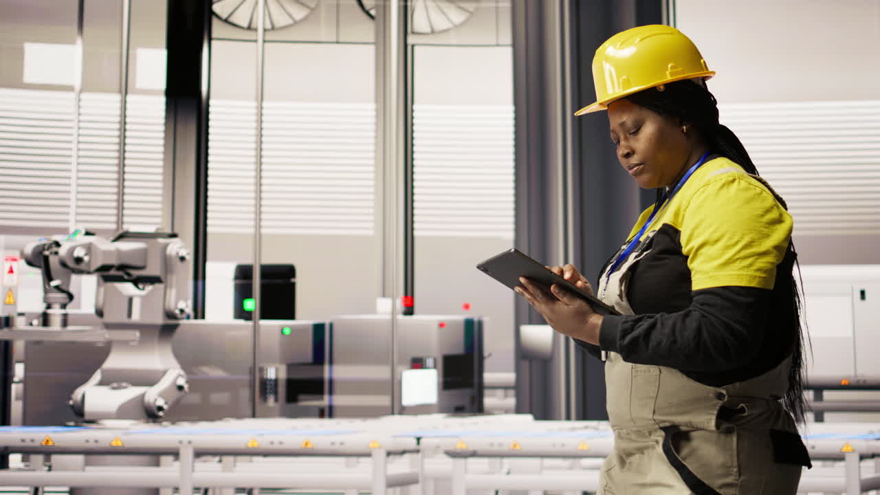 Vertical video Engineer walks in photovoltaics factory, looking at system performance metrics