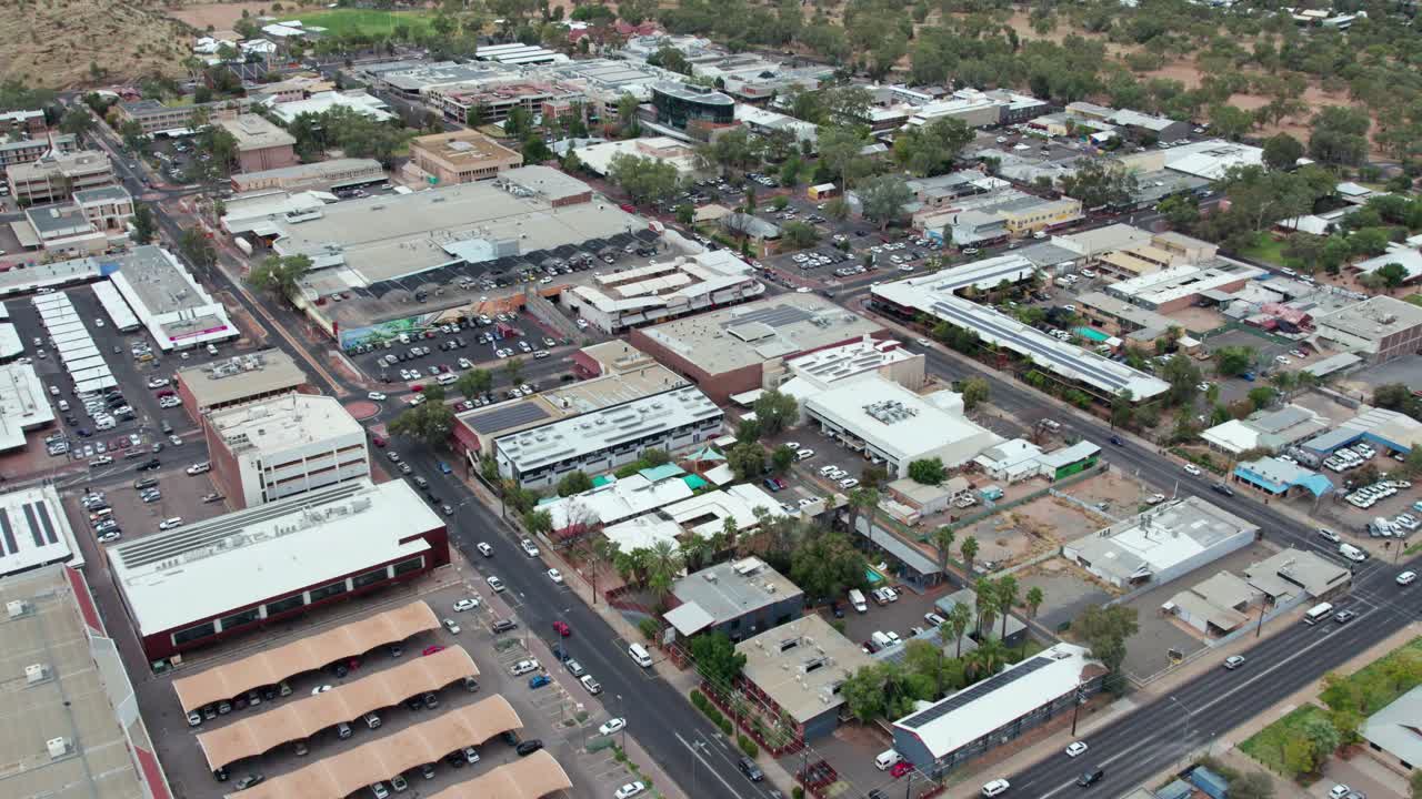 Static aeral view over the central business district of Alice Springs, Mparntwe, Northern Territory, Australia. August 2022.