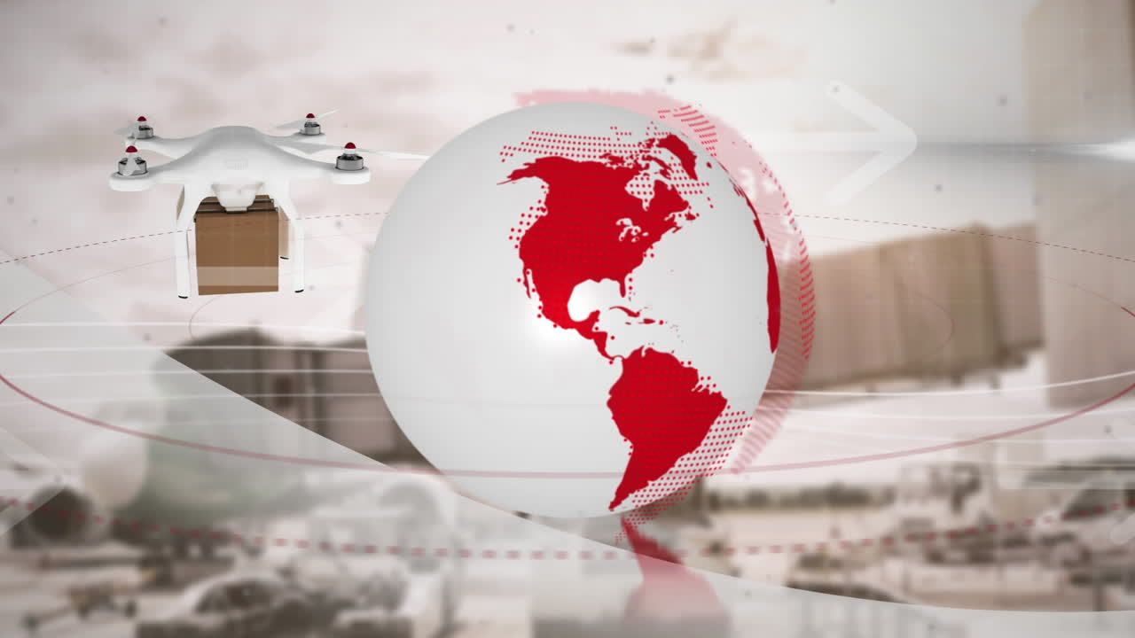 공항 프론 위의 패 ⁇ 과 함께 드론을 통한 연결 네트워크의 애니메이션