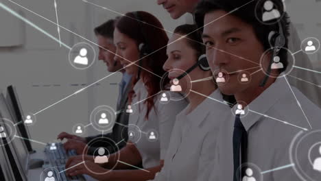Animation-of-network-of-connections-over-diverse-colleagues-using-phone-headsets-in-office