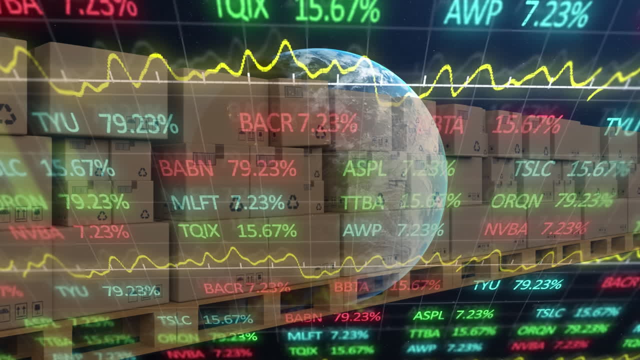 Börsendatenverarbeitung und sich drehender Globus vor dem Hintergrund von Pappkartons auf Förderbändern