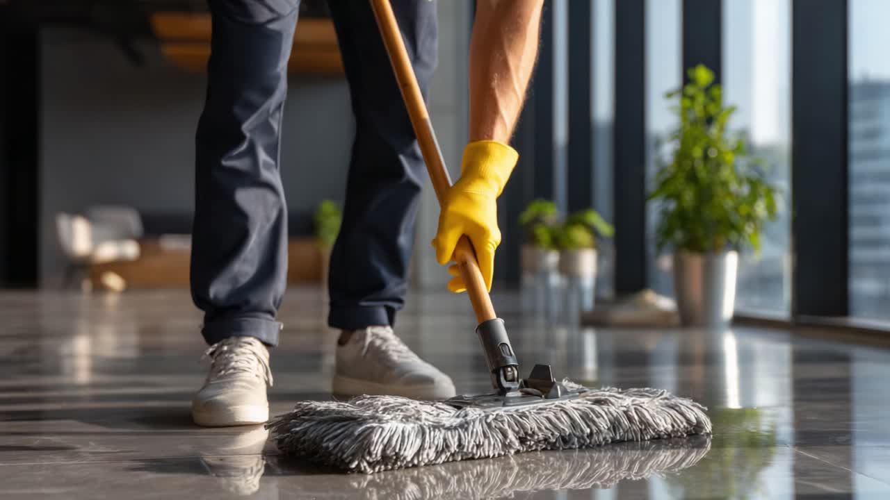 A Person Engaged in Cleaning with a Mop, Demonstrating Effective Techniques for Maintaining a Shiny and Pristine Floor in a Modern Indoor Space
