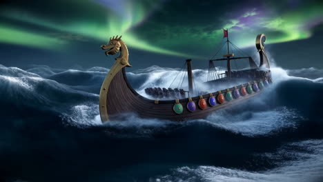 viking longship navigating stormy seas under the northern lights
