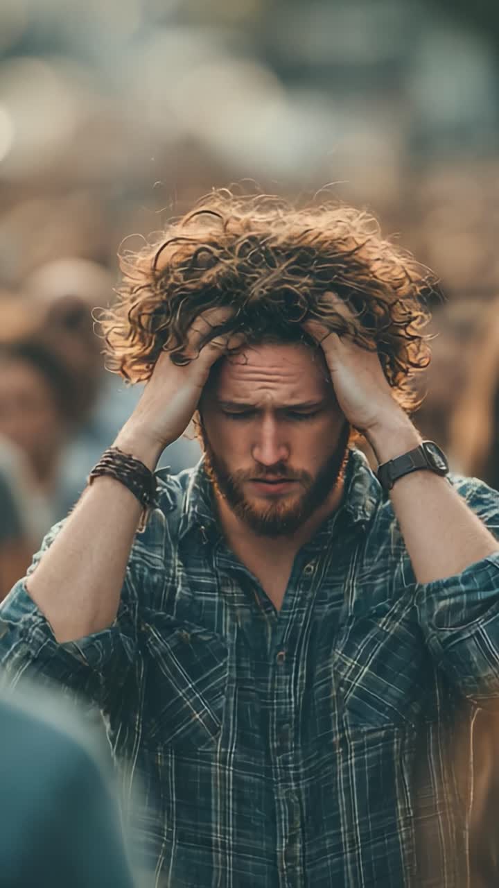 Un uomo in preda a un turbinio di emozioni, che passa dalla frustrazione all'introspezione, sullo sfondo di una folla animata