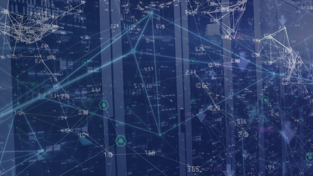 Animation of data processing over shapes and server room