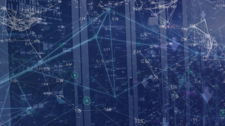 Animation of data processing over shapes and server room
