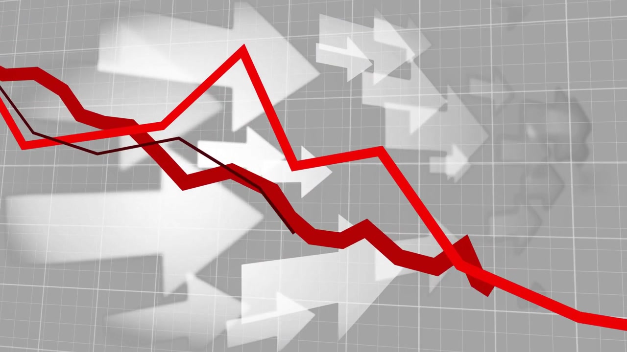 Sottili linee rosse che entrano da sinistra spingendo uno zigzag rosso che attraversa frecce bianche su una griglia che mostra dati finanziari.