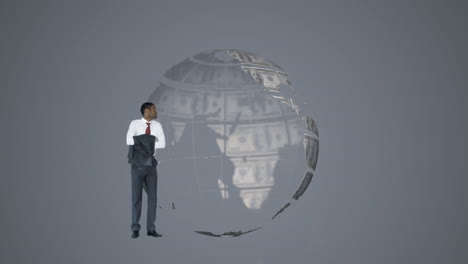 animation of globe formed with american dollar bills with businessman and copy space on grey