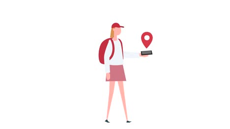 flat cartoon colorful woman character animation. girl travel with gps location pin