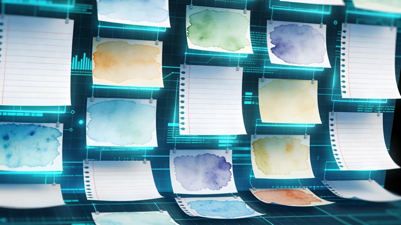 Pulsing HUD causing paper note matrix rippling and tilting over glowing teal holographic grid