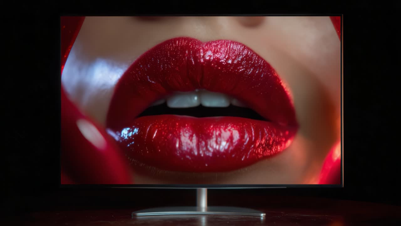 Close-up of Glossy Red Lips on a Display Screen with Vibrant Lighting and Glossy Effects, Highlighting the Beauty and Intricacy of Lip Art and Cosmetics Techniques