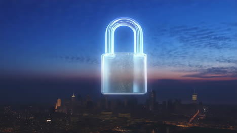 global cybersecurity concept with digital padlock over city at dusk