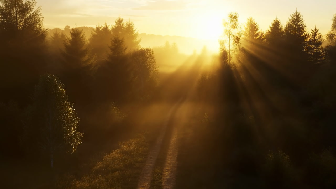 Sunlit Misty Pine Forest Path Bathed In Golden Rays, Cinematic Aerial Perspective With Soft Morning Haze, Long