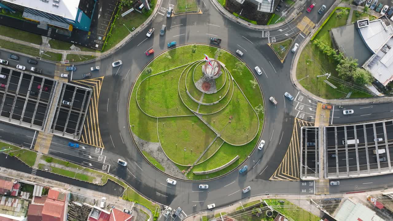 SAN JOSE, Costa Rica - FEBRUARY 28, 2023 - Amazing overhead aerial view of the roundabout called Rotonda de la Bandera (The Flag) in San Pedro.