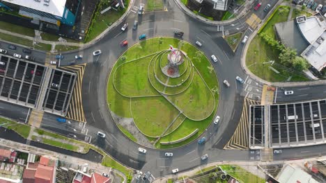 san jose, costa rica - february 28, 2023 - amazing overhead aerial view of the roundabout called rotonda de la bandera (the flag) in san pedro.