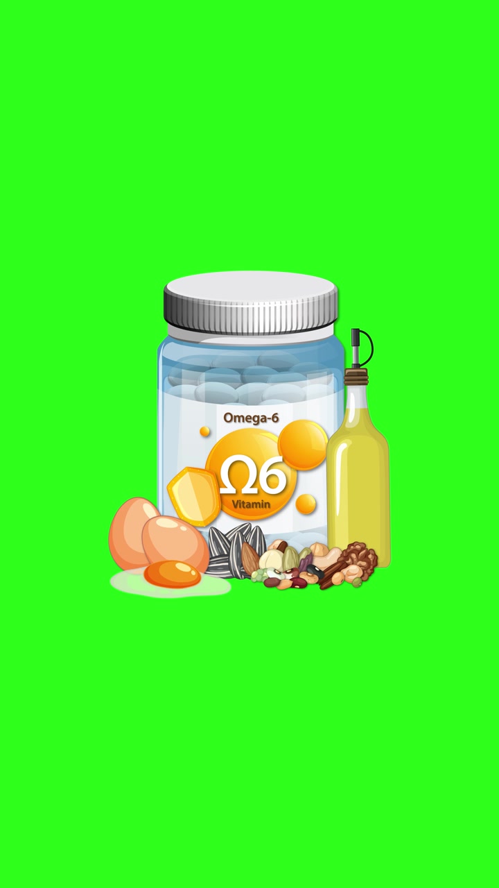 Omega-6 vitamin bottle with eggs, nuts, oil, and seeds appears on bright green background