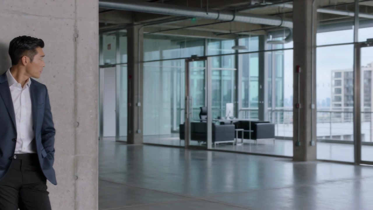 Ejecutivo con blazer inclinado junto a una columna de hormigón, con aspecto de irse mientras la cámara panea una sala de cristal, espacio para texto.