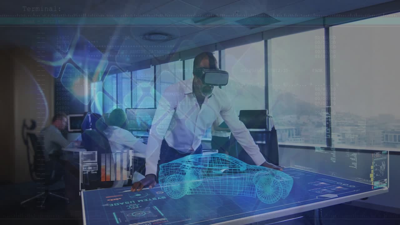 Engineering lead placing VR headset, leaning on hologram table generating wireframe car with charts