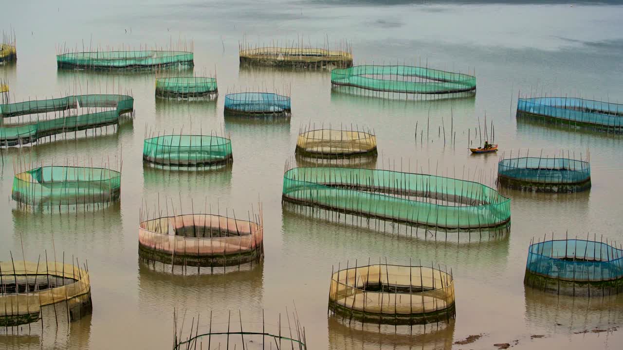 크래브 농업 (crab farming) 은 중국의 주요 어업 항구이며 중국에서 중요한 해산물 농업 산업을 가지고 있는 시아푸의 어촌 마을에서 해안 근처에 정박한 어부 보트입니다.