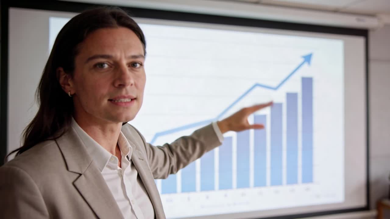 Presentadora señalando un gráfico de barras azul, guiando la cámara para acercarse mientras destaca el crecimiento de las ventas.