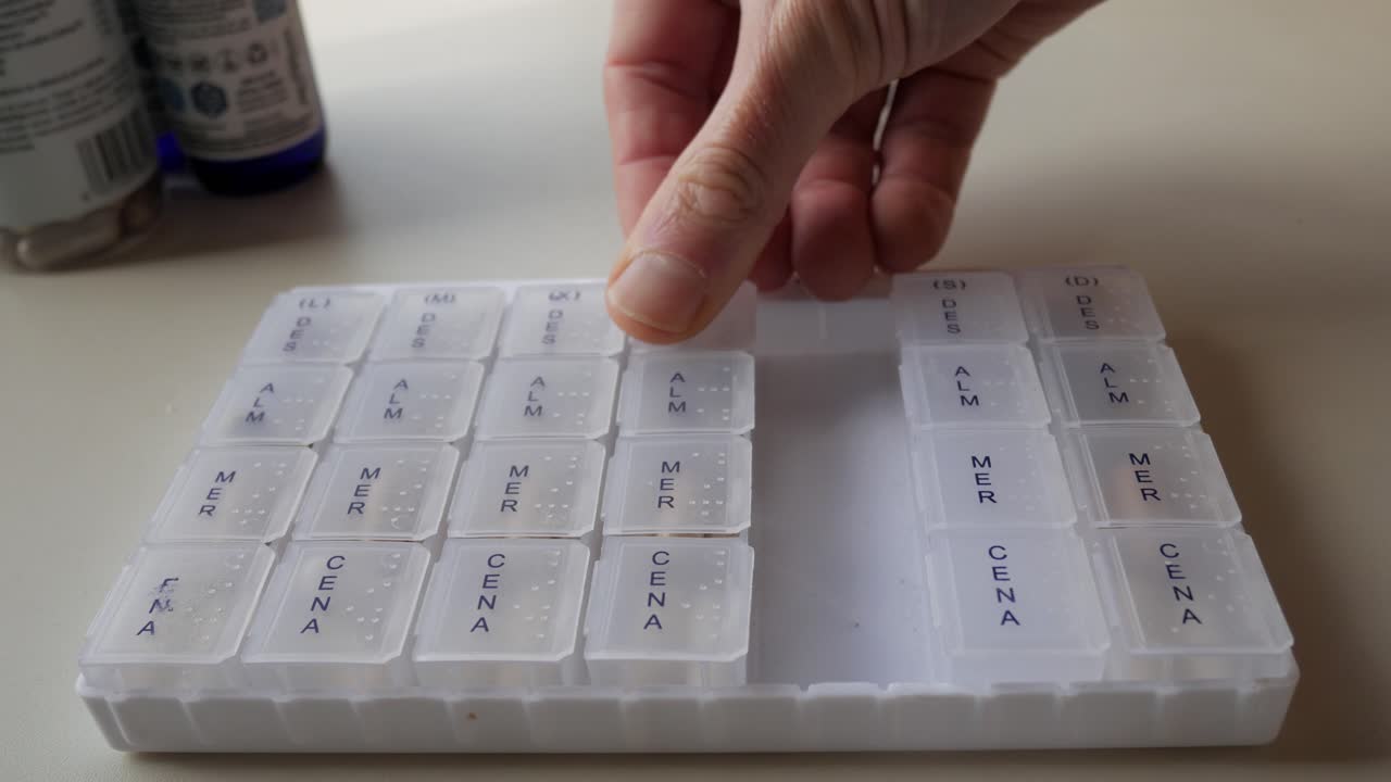 Pill organizer with supplements, top-down view, organized for daily use