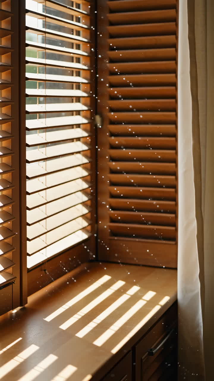 Sunlight Streaming Through Wooden Blinds with Illuminated Dust Motes