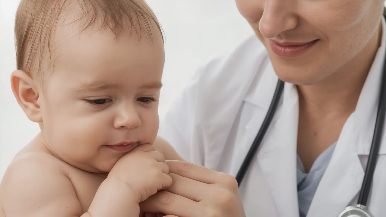 Un medico in camice bianco tiene un neonato al petto per visitarlo; il neonato si porta le dita alla bocca