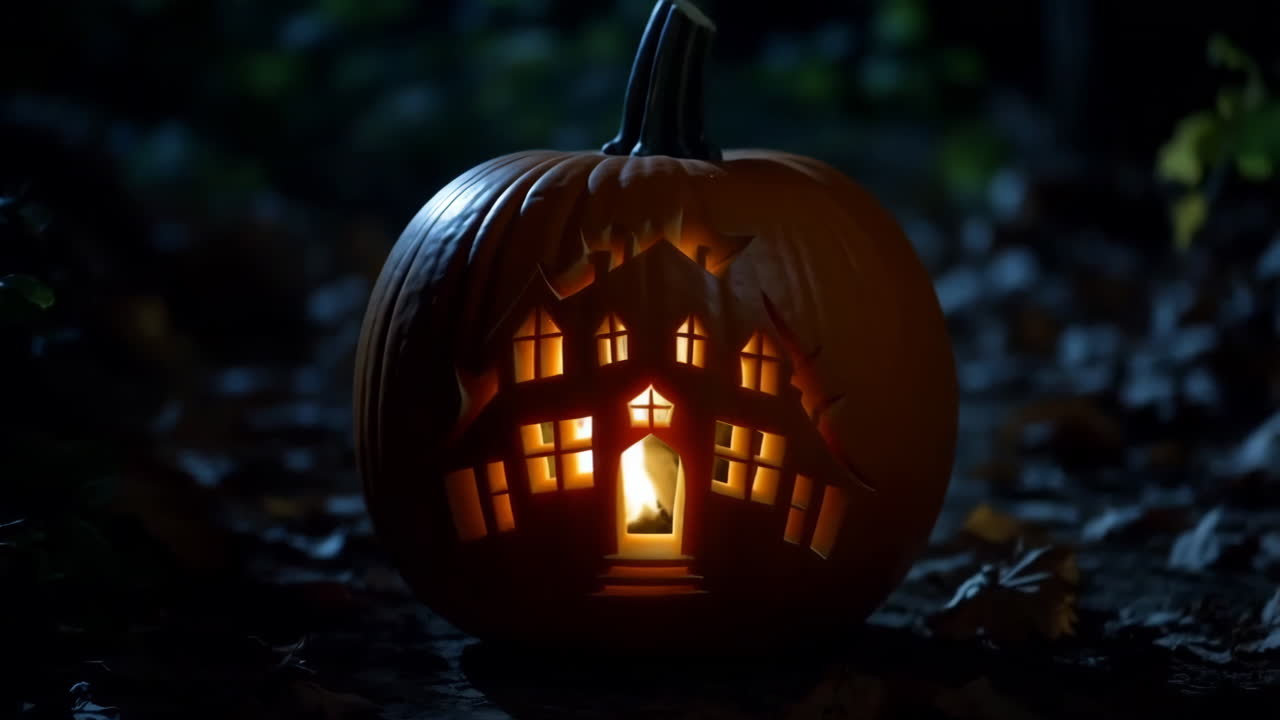 Jack-o'-Lantern with Spooky Haunted House Carving at Night