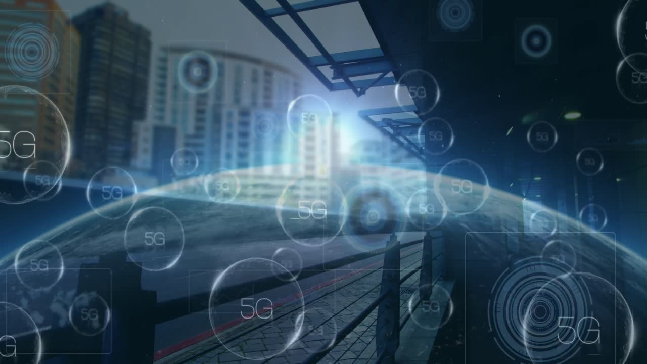 도시 풍경 위의 범위와 데이터 처리에 대한 5g 텍스트의 애니메이션