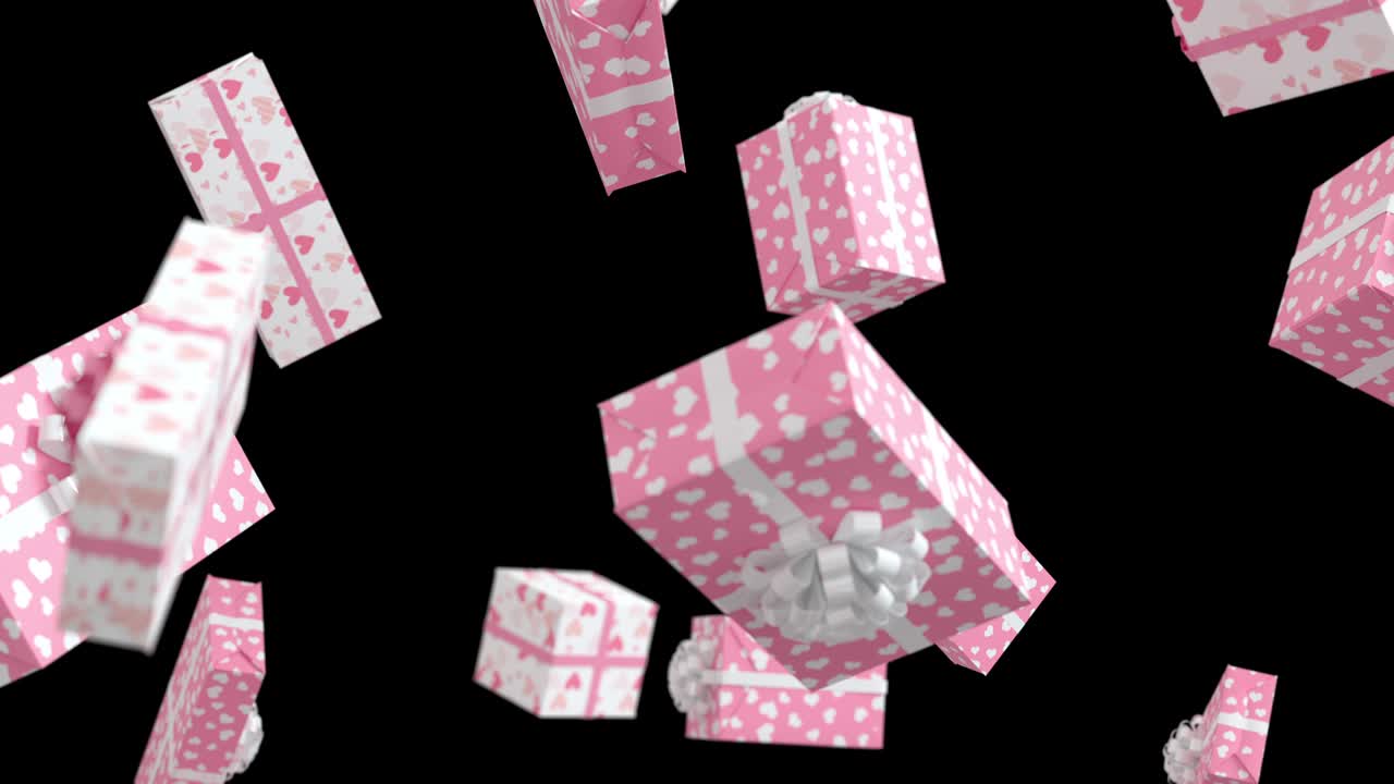 녹색 화면에 부드러운 분홍색 발렌타인 데이 선물이 떨어집니다.
